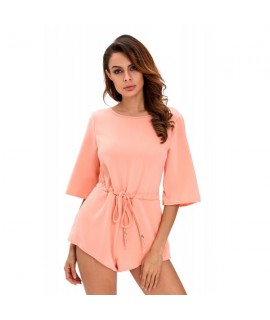 Pink Drawstring Knot Open Back Romper