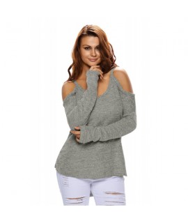 Gray Cold Shoulder Knit Long Sleeves Sweater
