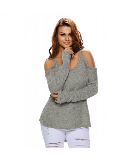 Gray Cold Shoulder Knit Long Sleeves Sweater