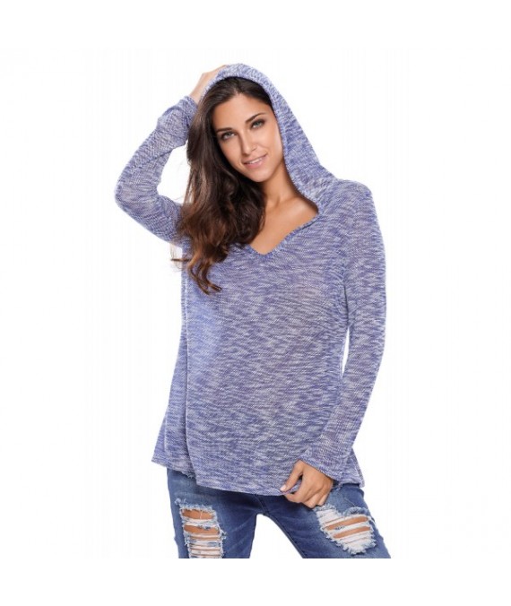 Blue Hooded V-Neck Long Sleeve Loose Knitted Top