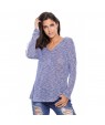 Blue Hooded V-Neck Long Sleeve Loose Knitted Top