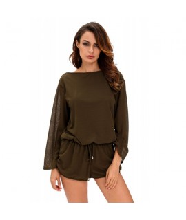 Army Green Oversize Bodice Long Sleeve Hollow-out Back Romper
