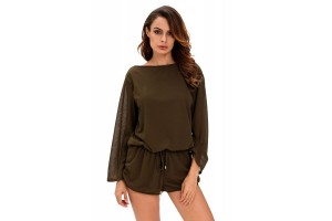 Army Green Oversize Bodice Long Sleeve Hollow-out Back Romper