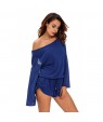 Blue Oversize Bodice Long Sleeve Hollow-out Back Romper