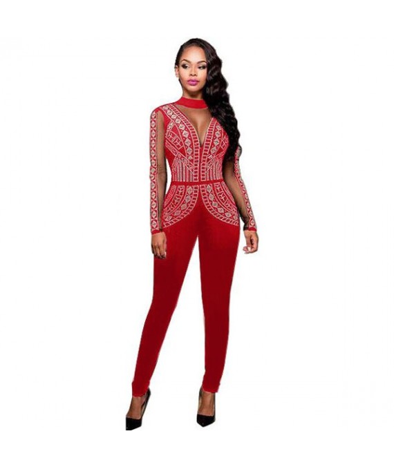 Red Steampunk Studded Pattern Mesh Insert Jumpsuit