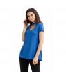 Blue Mock Neck Cut out Short Sleeve Top