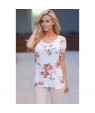 White Super Soft Floral Tee Shirt with Crisscross Neck