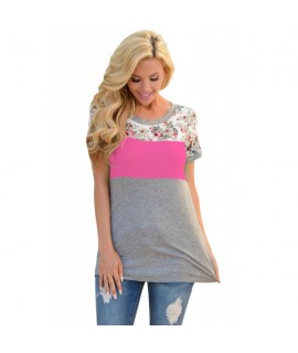 Floral Print Rosy Gray Colorblock T-shirt