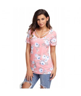 Strappy Neck Detail Blush Floral Short Sleeve T-shirt