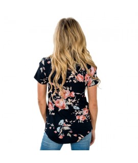 Black Short Sleeve Round Neck Floral Printed T-shirt
