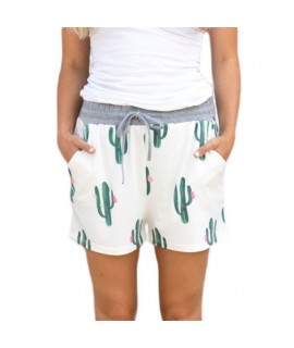 Blooming Cactus Print White Casual Shorts