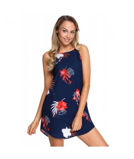 Blooming Red Flower Print Navy Sleeveless Dress