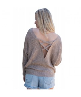 Khaki Cross Back Hollow-out Sweater