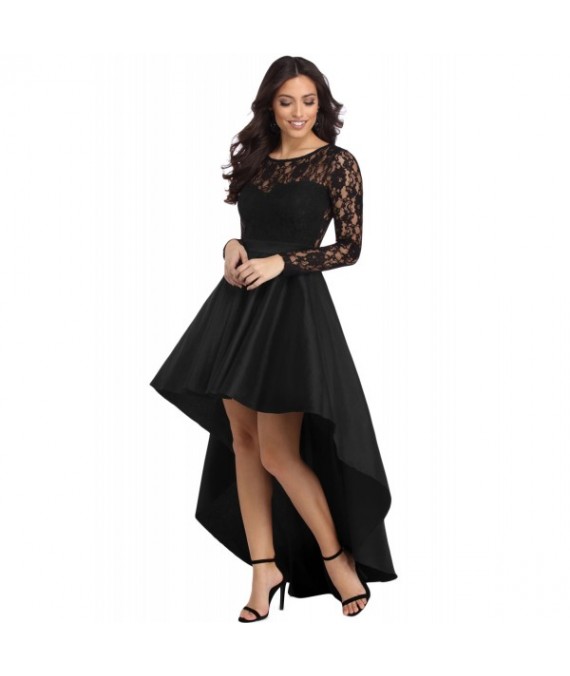 Black Long Sleeve Lace High Low Satin Prom Dress