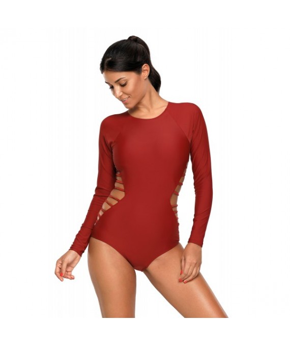 Red Long Sleeve Strappy Hollow-out One-piece Surf Swimsuit