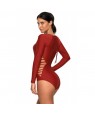 Red Long Sleeve Strappy Hollow-out One-piece Surf Swimsuit