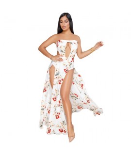 White Floral Print Slit Legs Strapless Jumpsuit