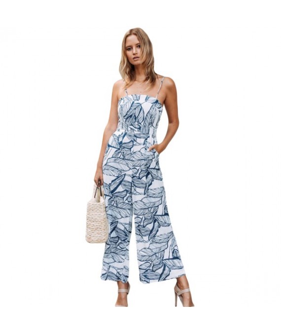 Navy Leaf Vein Print White Wide Leg Jumpsuit