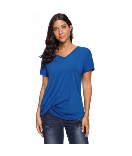 Royal Blue V-Neck Twist Ruched Basic Short Sleeve Tee