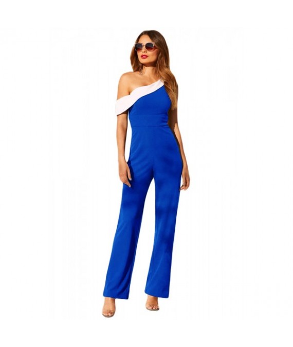 Navy White Colorblock One-shoulder Jumpsuit