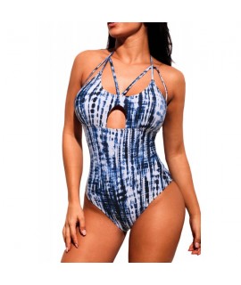 Randomness Blue Tie Dye Print Caged One-piece Swimwear