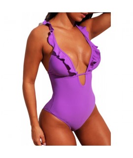 Purple Plunge V Neck Ruffled Detail Maillot Swimwear