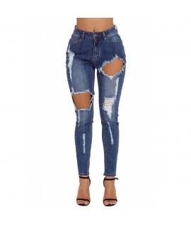 Medium Blue Wash Roll-up Cuff Distressed Jeans