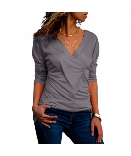 Gray Wrap V Neck Ruched Long Sleeve Top