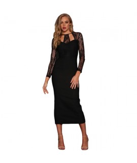 Black Lace Splice Bodycon Midi Dress