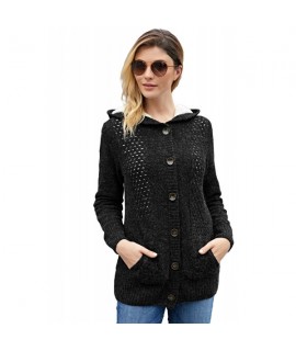 Fleece Hooded Black Button Down Cardigan Sweater