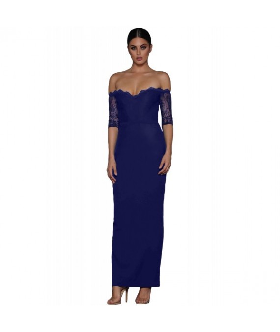 Navy Sheer Lace Sleeve Off Shoulder Maxi Dress