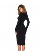 Black Faux Wrap V Neck Long Sleeve Midi Dress