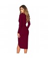 Burgundy Faux Wrap V Neck Long Sleeve Midi Dress