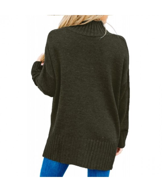 Khaki Green Turn-up Sleeve Turtle Neck Sweater