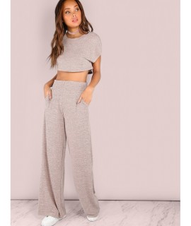 Heathered Sporty Crop &amp;amp; Wide Leg Pants Set BLUSH