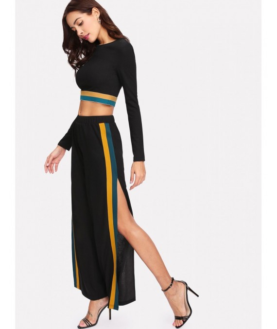 Striped Hem Crop Top &amp;amp; Split Side Palazzo Pants Set