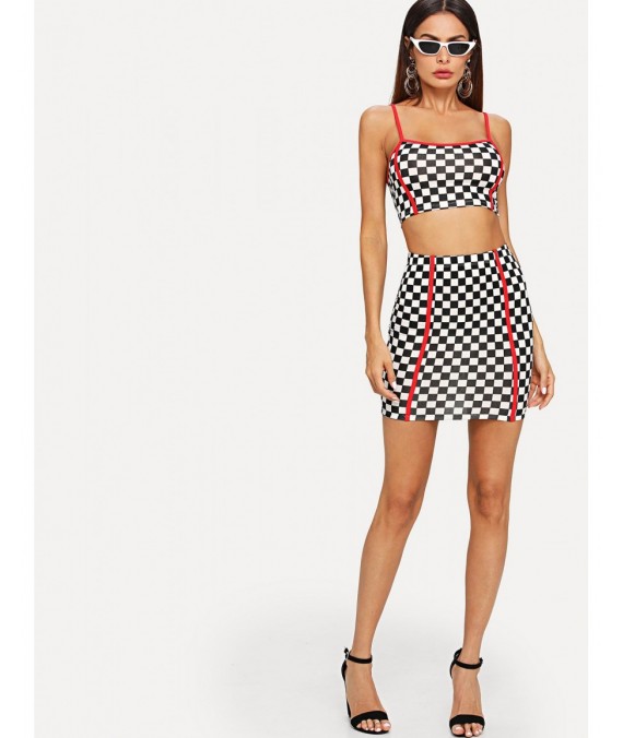 Contrast Binding Gingham Print Cami Top &amp;amp; Skirt Set